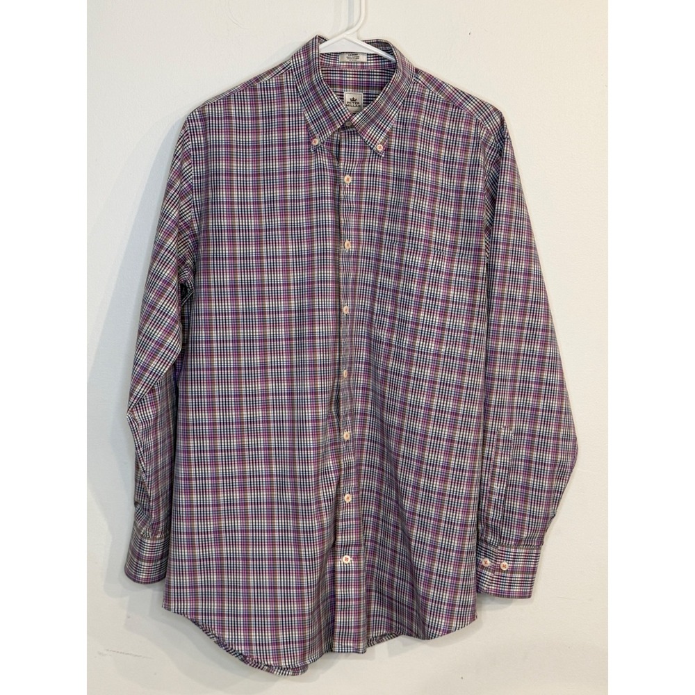 Peter Millar Mens Medium Purple Blue Plaid Cotton Button Down Shirt Long Sleeve